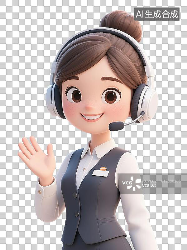 【AI数字艺术】3D渲染卡通人物，客服，戴着耳麦的讲解员，导游，解说员，免抠元素图片素材