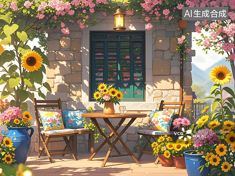 【AI数字艺术】阳光庭院花海中的温馨小憩图片素材