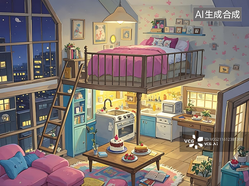 【AI数字艺术】温馨阁楼卧室与客厅融合场景图片素材