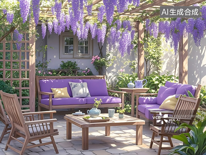 【AI数字艺术】紫色藤花下的庭院沙发区图片素材