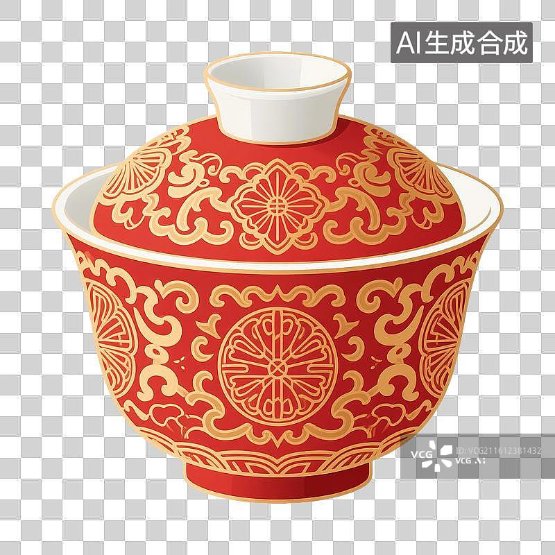 【AI数字艺术】国风手绘插画，盖碗茶，茶盏，茶杯茶具，瓷器，茶道，茶文化，喝茶饮茶免抠元素图片素材