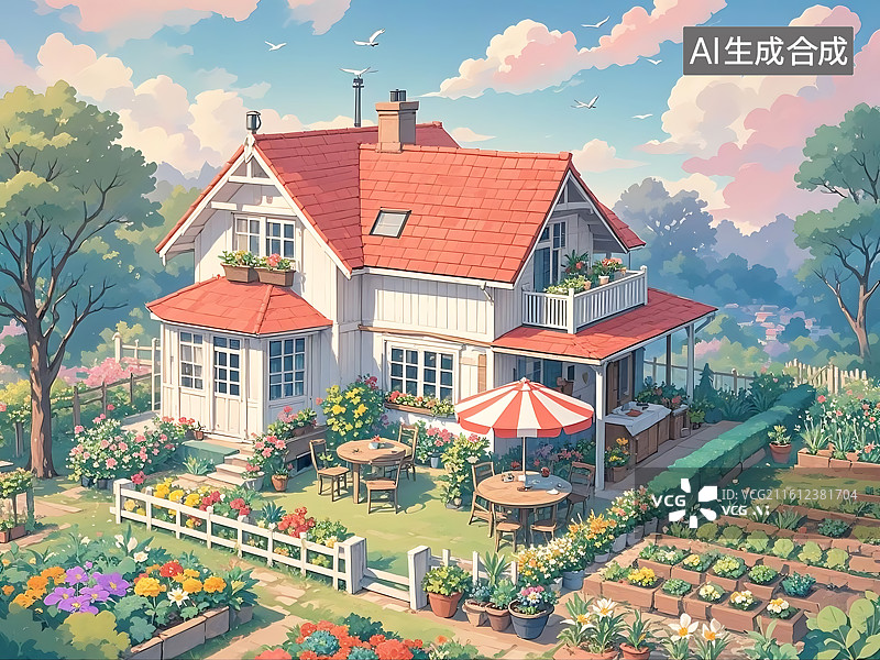 【AI数字艺术】田园风格别墅与花园庭院图片素材