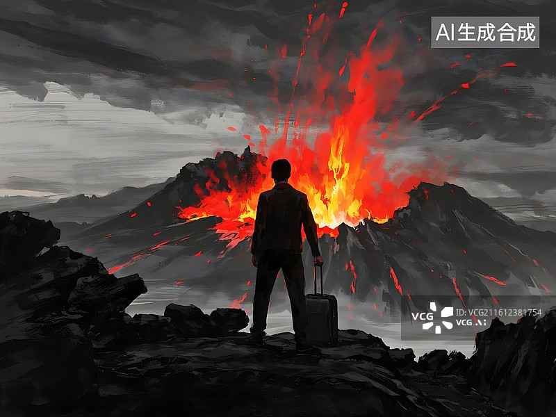 【AI数字艺术】火山爆发前的孤独身影图片素材