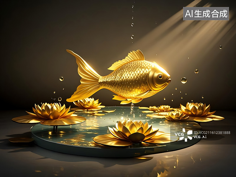 【AI数字艺术】金色鲤鱼水中莲花环绕图片素材