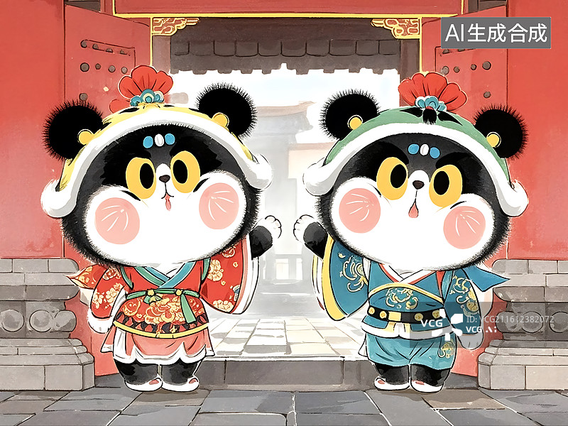 【AI数字艺术】两只熊猫角色穿古装站门前图片素材