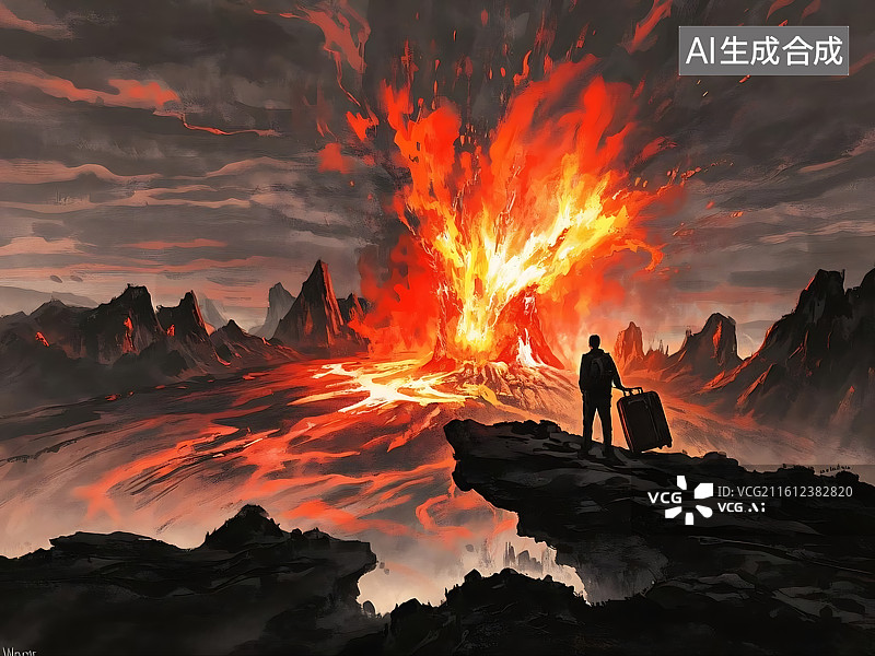 【AI数字艺术】火山爆发时的孤影悬崖图片素材
