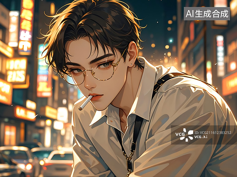 【AI数字艺术】都市夜景中的戴眼镜青年图片素材