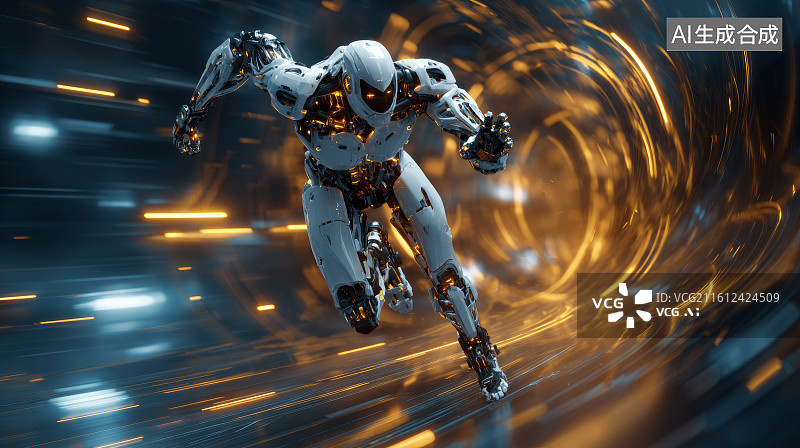【AI数字艺术】高速奔跑的人形机器人穿越光轨能量场的科幻动态场景图片素材