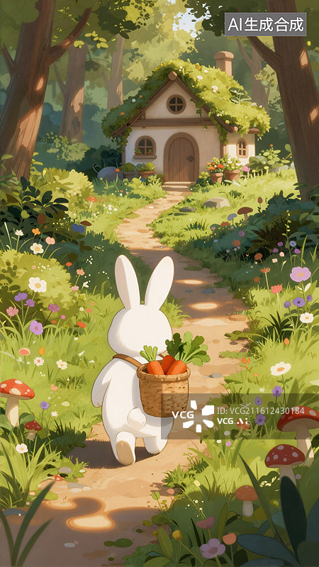 【AI数字艺术】森林小兔采花归图片素材