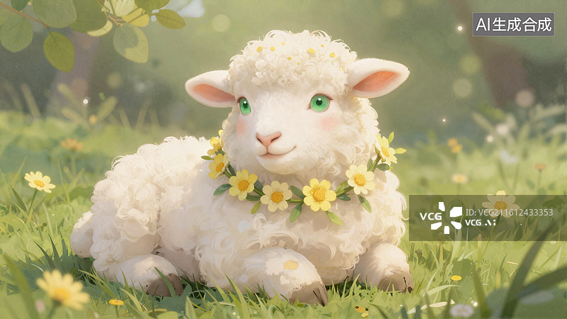 【AI数字艺术】花环小羊静卧草地图片素材