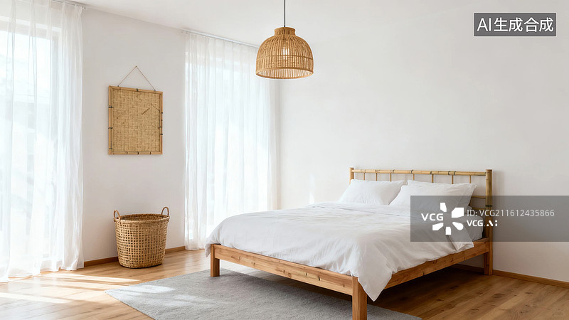 【AI数字艺术】简约木质卧室室内设计图片素材
