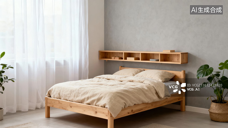 【AI数字艺术】简约木质床卧室场景图片素材