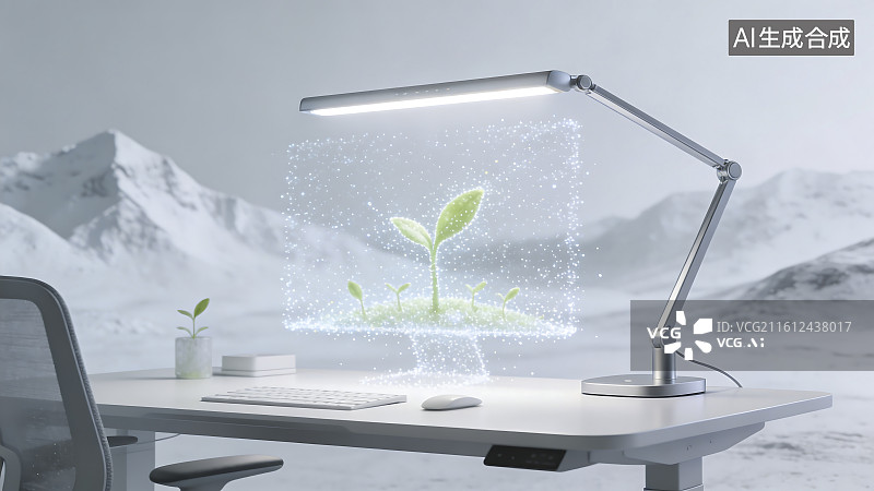 【AI数字艺术】办公桌上的科技绿植照明场景图片素材