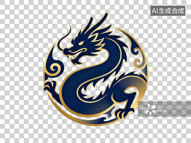 【AI数字艺术】免抠元素 蓝金中国龙圆形图腾标志图片素材