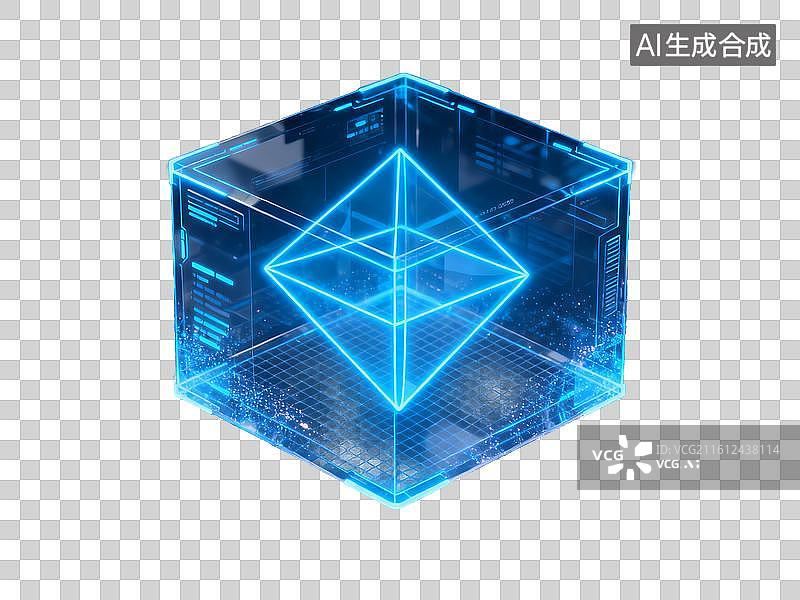 【AI数字艺术】免抠元素 蓝色霓虹以太坊标志全息科技立方体图片素材