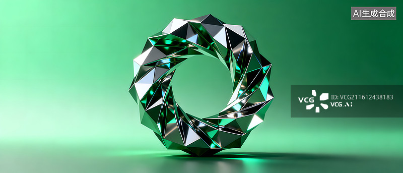 【AI数字艺术】绿色背景下的金属几何环形艺术图片素材