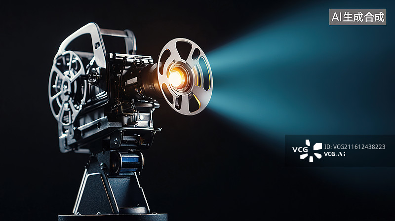 【AI数字艺术】黑色背景下的金色电影机胶片放映机图片素材