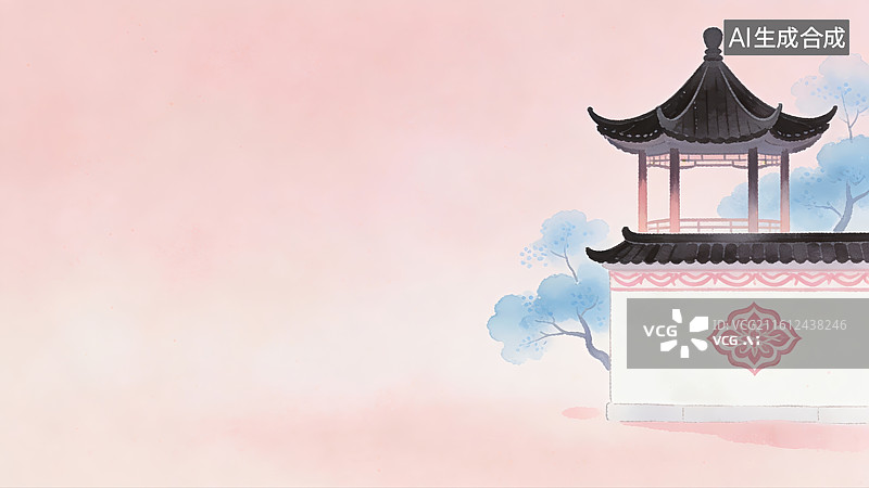 【AI数字艺术】中式亭台与粉墙淡影图片素材