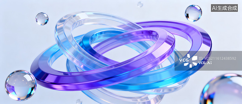 【AI数字艺术】炫彩环形与透明球体交织图片素材