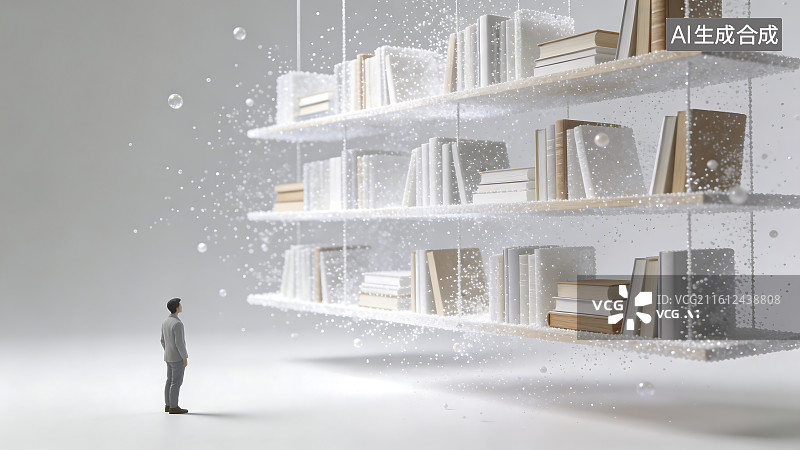 【AI数字艺术】小人物沉思悬浮书架图片素材