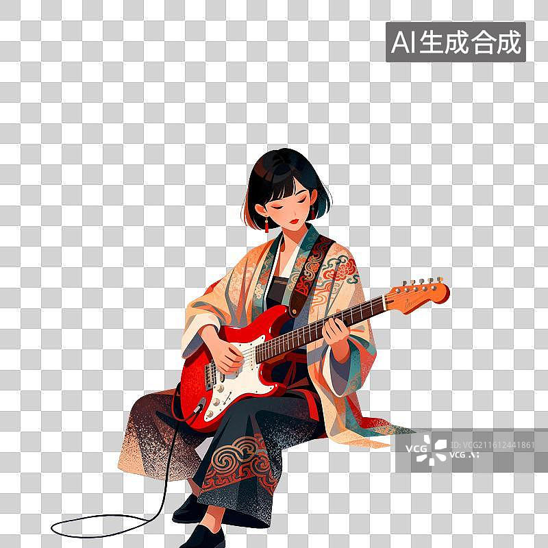 【AI数字艺术】弹吉他的女生插画图片素材