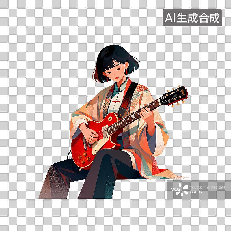 【AI数字艺术】弹吉他的女生插画图片素材