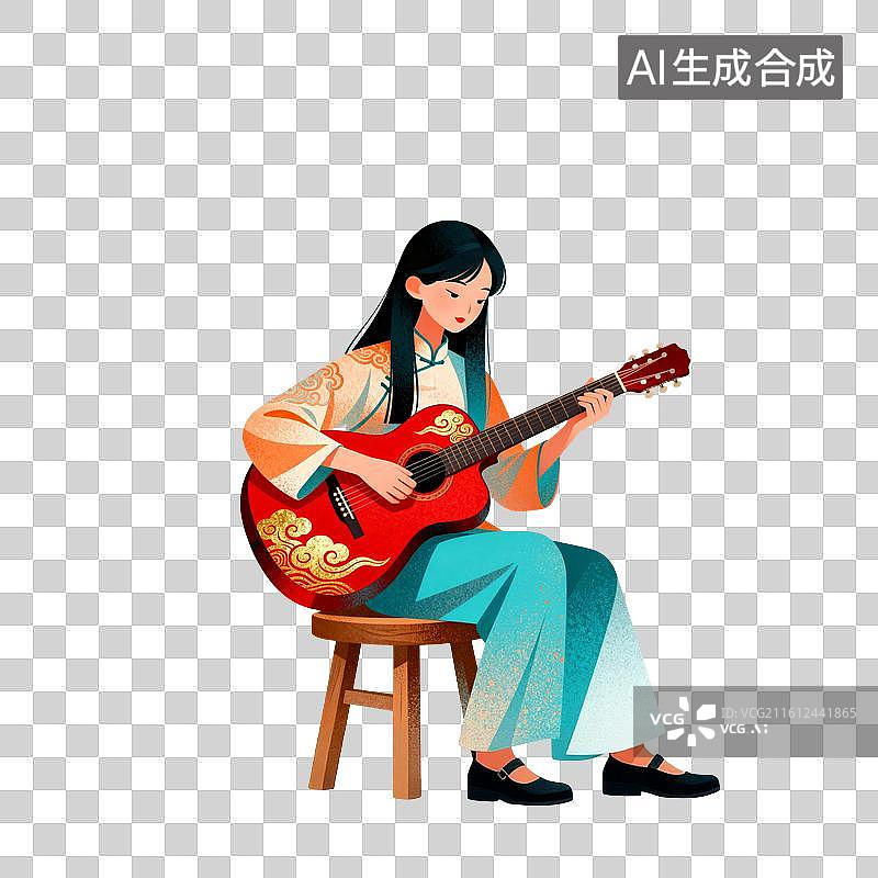【AI数字艺术】弹吉他的女生插画图片素材