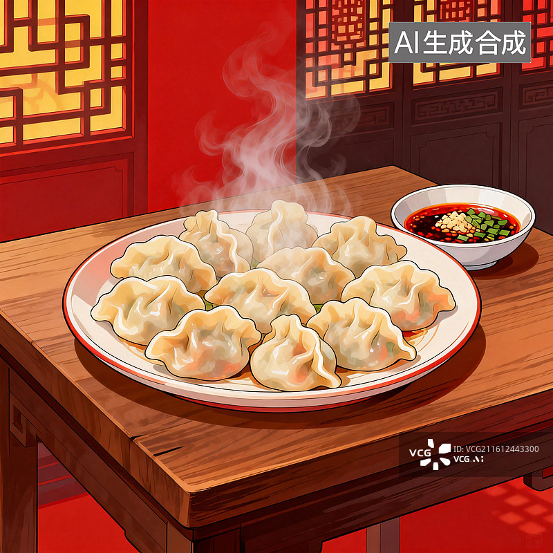 【AI数字艺术】热气腾腾的中国传统美食饺子插画图片素材
