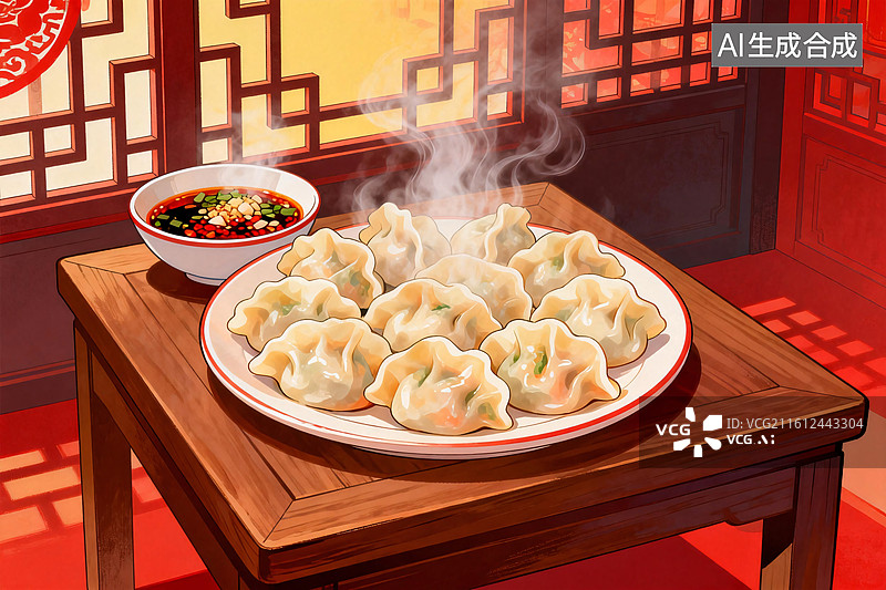 【AI数字艺术】热气腾腾的中国传统美食饺子插画图片素材