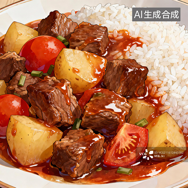 【AI数字艺术】美味番茄土豆炖牛肉盖浇饭图片素材