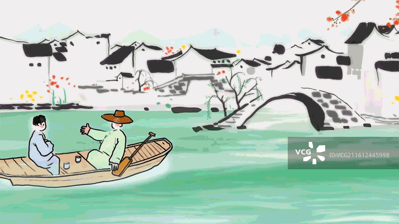 水墨画 江南水乡 人物 划船 桥 小桥流水 民国服饰 复古 插画图片素材