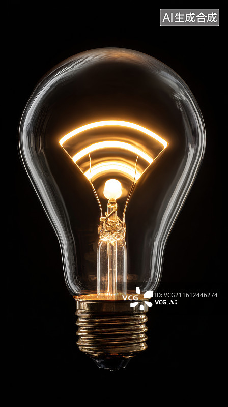 【AI数字艺术】灯泡内部呈现橙色无线信号图形的创新科技概念图片素材