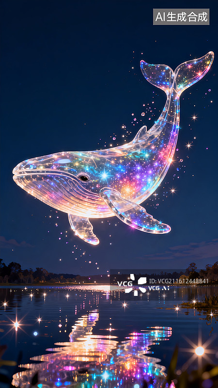 【AI数字艺术】夜晚星光编制的梦幻鲸鱼倒影在水面上图片素材