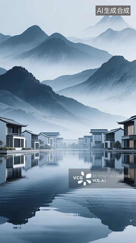 【AI数字艺术】国风山水湖畔中式住宅建筑群图片素材