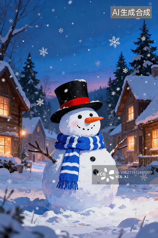【AI数字艺术】雪人伫立在冬夜村庄图片素材