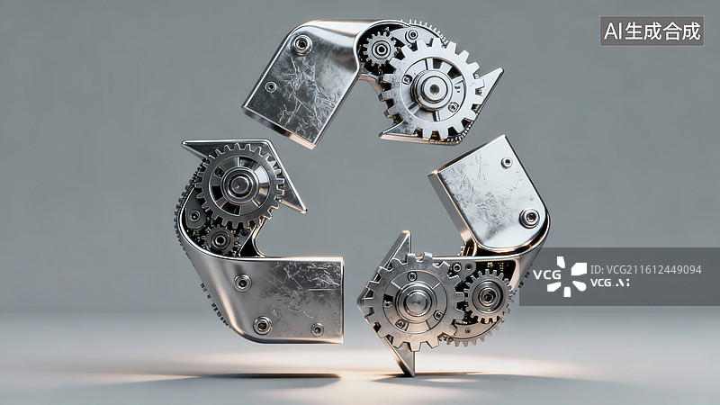【AI数字艺术】金属齿轮构成的回收标志图片素材