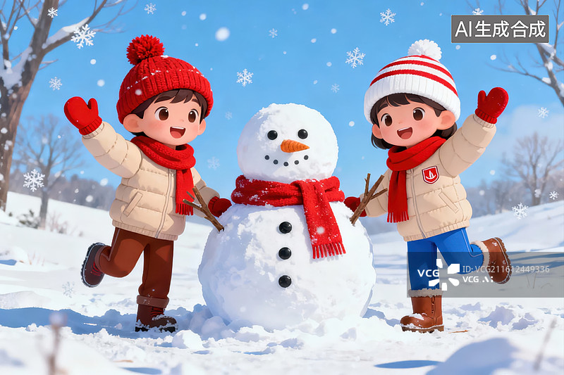 【AI数字艺术】两个孩子在雪地堆雪人图片素材