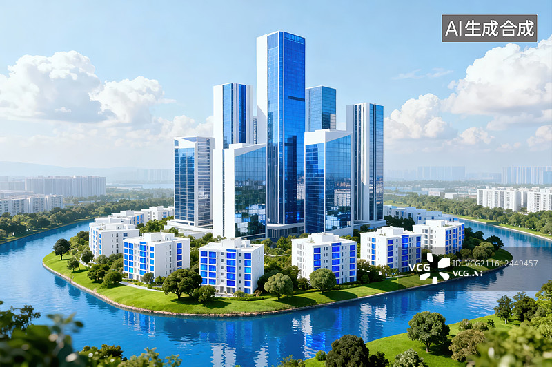 【AI数字艺术】现代化城市建筑群与河流景观图片素材