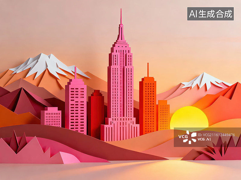 【AI数字艺术】纸艺城市与雪山日落图片素材