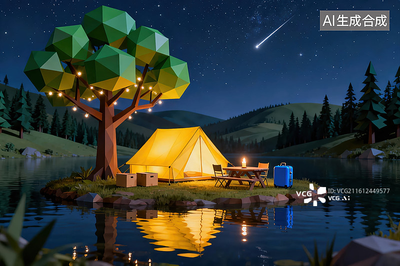 【AI数字艺术】湖畔露营夜景图片素材