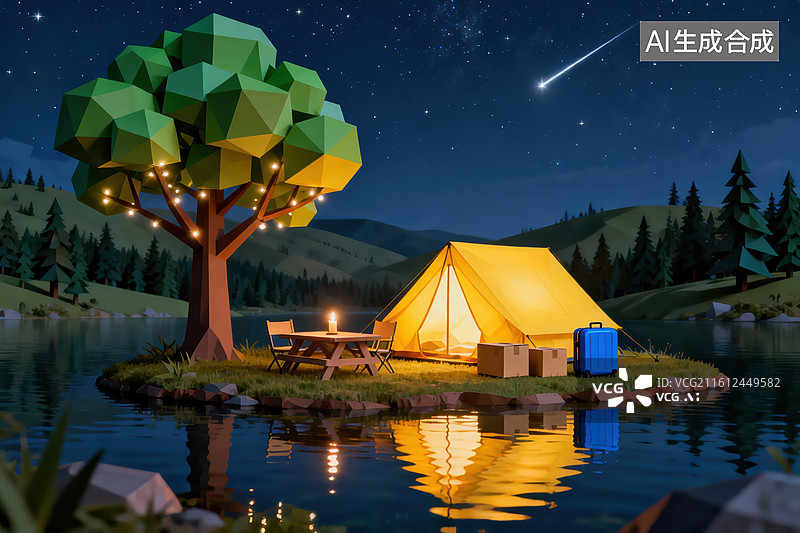 【AI数字艺术】湖心岛夜营帐篷与星空图片素材