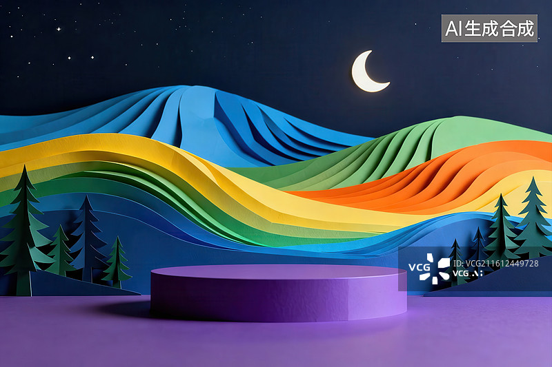 【AI数字艺术】彩虹山丘夜景剪纸艺术图片素材