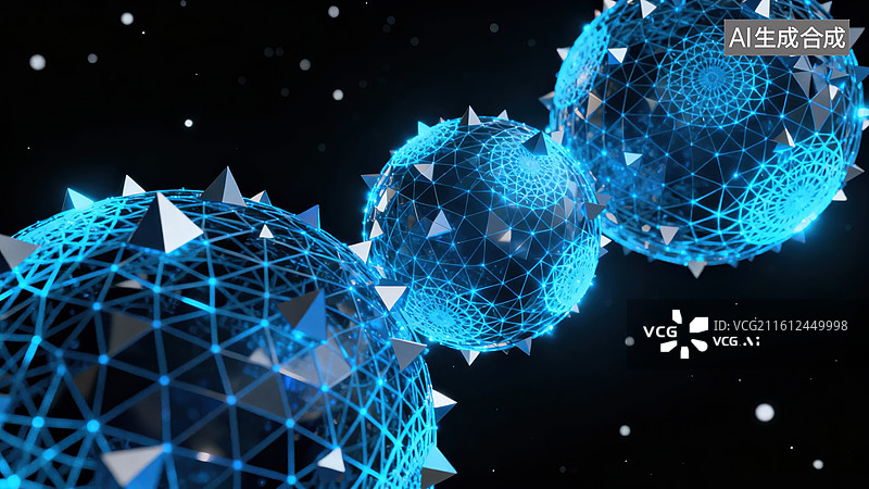 【AI数字艺术】蓝色几何球体在宇宙中漂浮图片素材