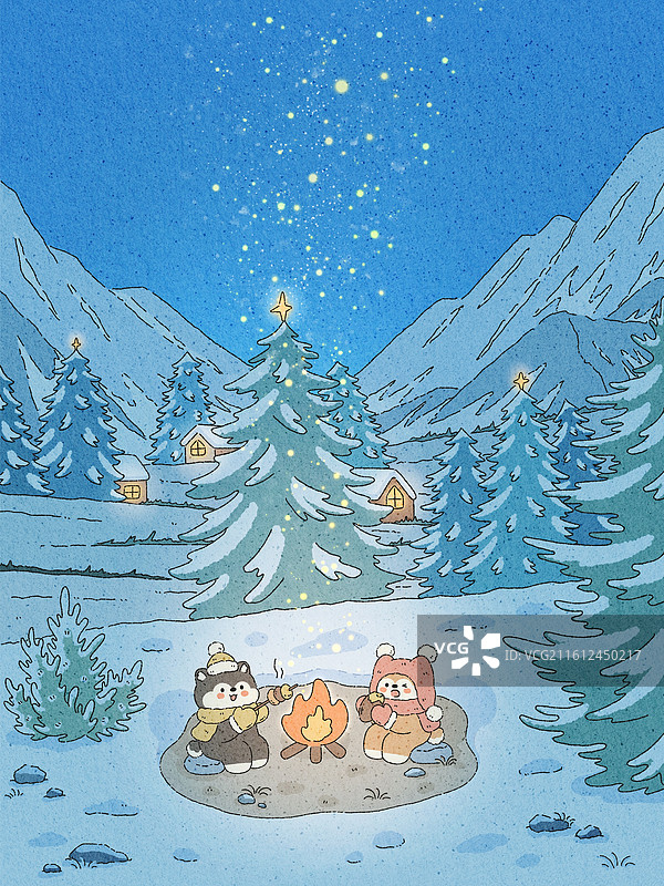 冬季雪天夜晚户外篝火烧烤图片素材