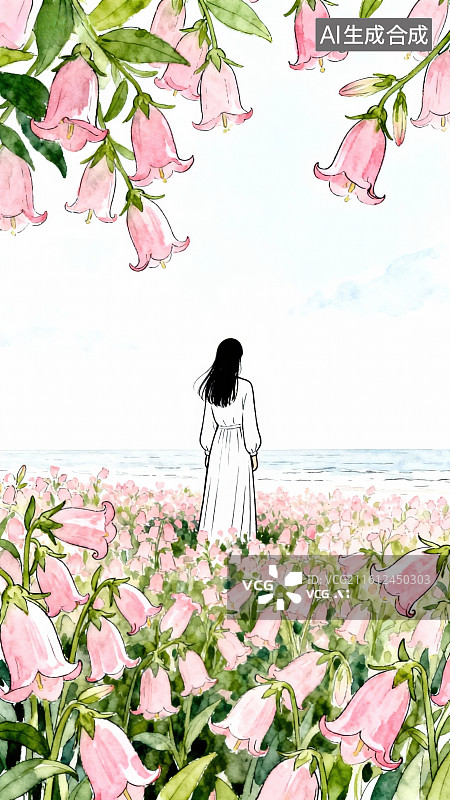 【AI数字艺术】女子伫立花海望远方图片素材