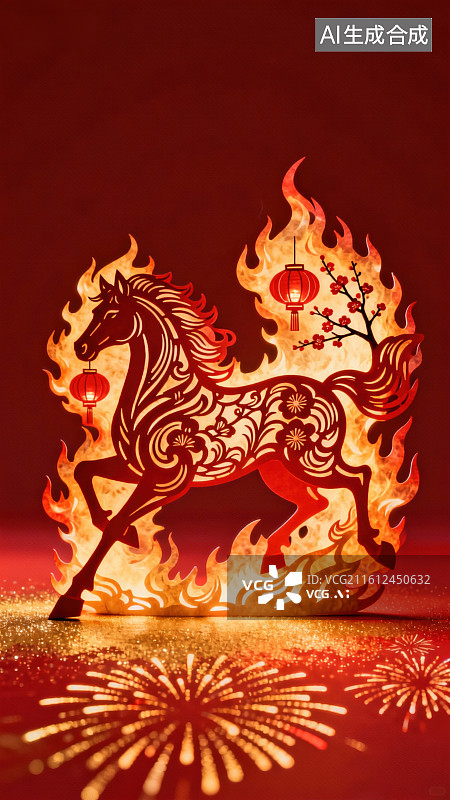 【AI数字艺术】火焰中的剪纸骏马图片素材