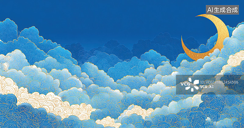 【AI数字艺术】夜空云海与弯月图片素材