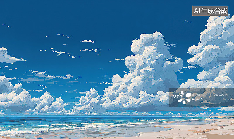 【AI数字艺术】蓝天白云下的沙滩海景图片素材