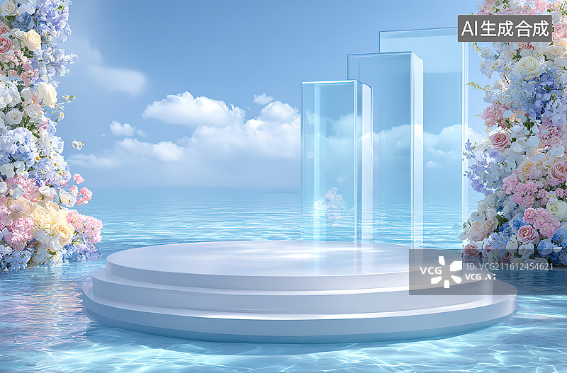 【AI数字艺术】水晶展台与花墙的梦幻场景图片素材