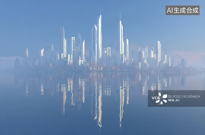 【AI数字艺术】未来城市天际线倒影图片素材